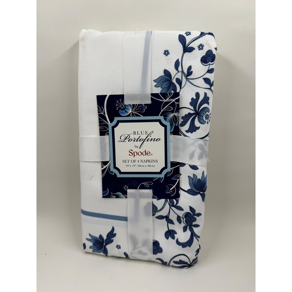 Spode Blue Portofino Napkins 4 Pc White Blue Floral Coastal Chinoiserie 19x19